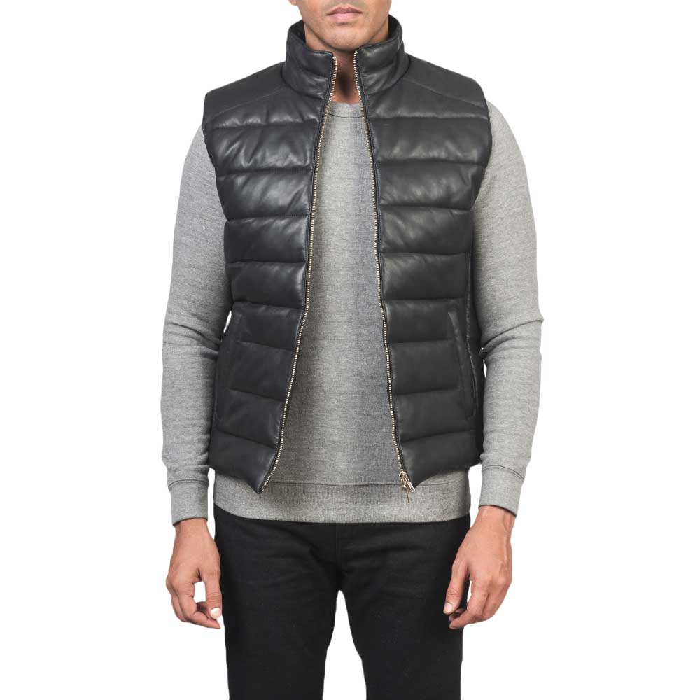 Leather Puffer Vest - Black