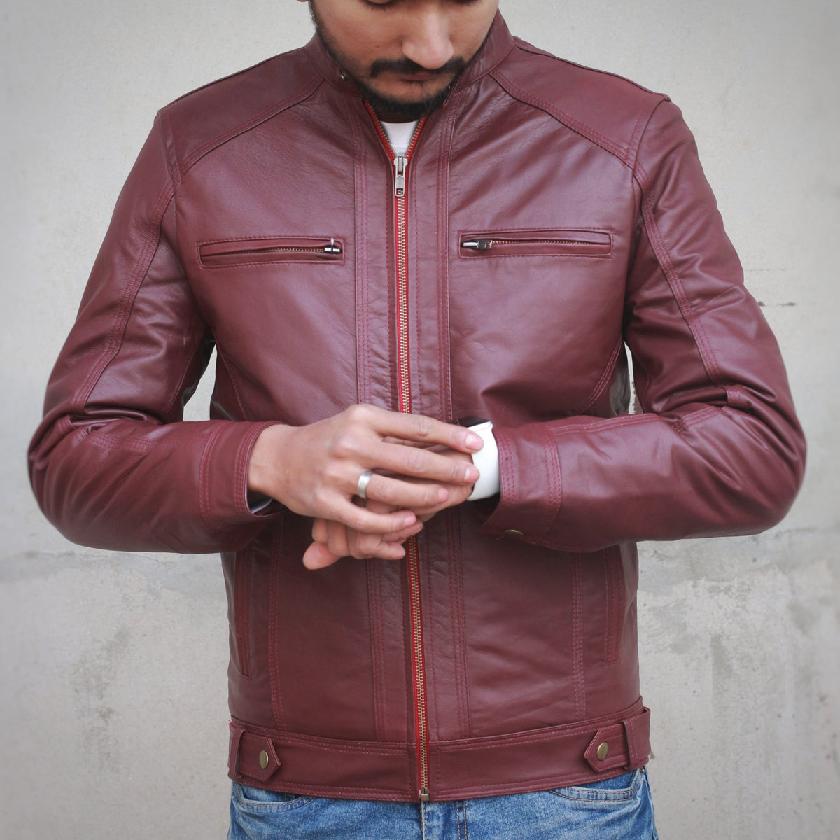 Mens Leather Jacket - maroon