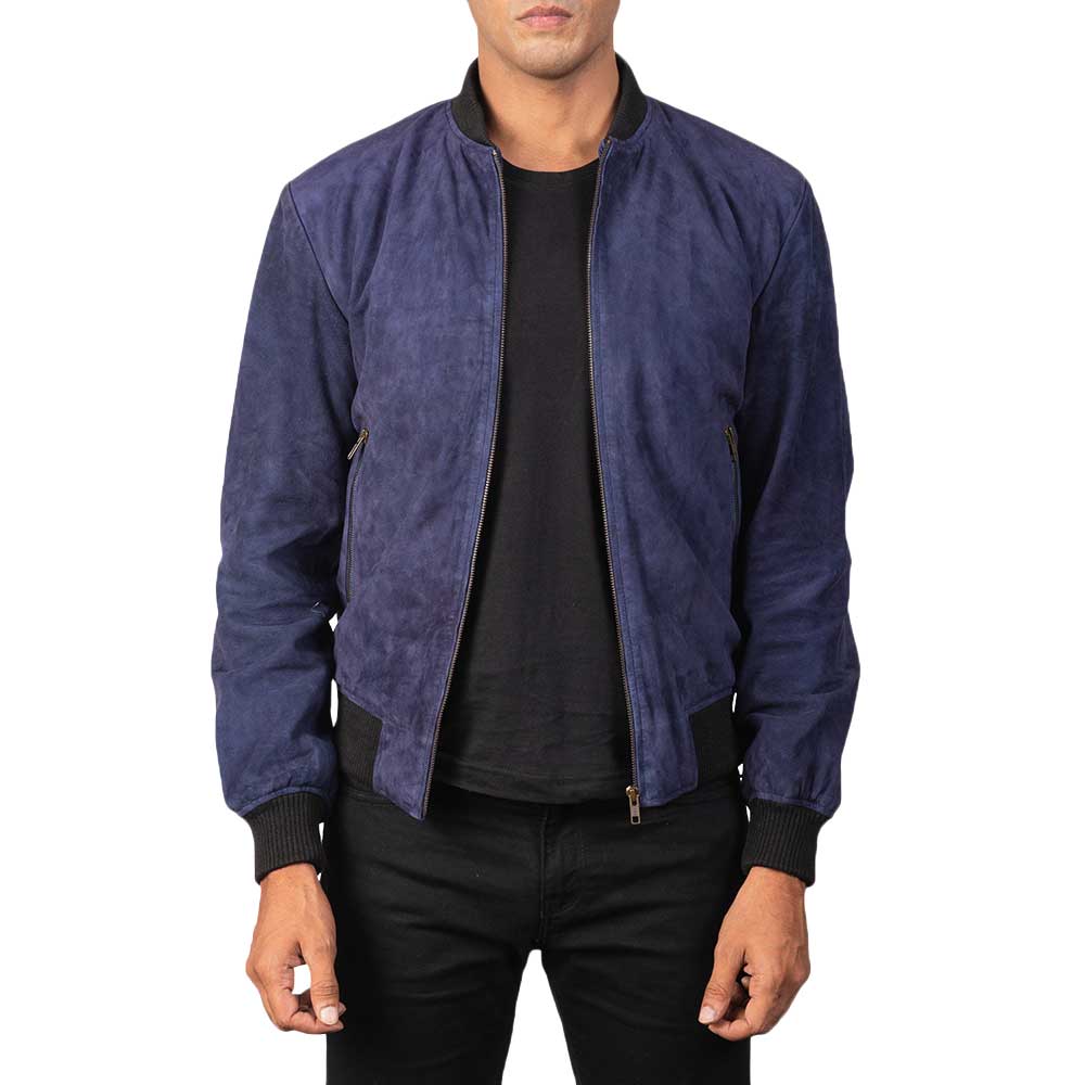 Suede Bomber Jacket - Navy Blue Suede