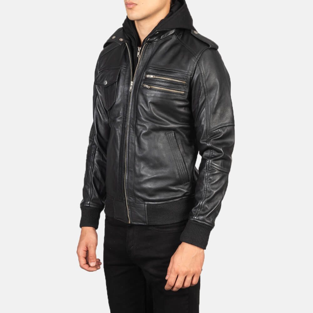 Best Black Leather Bomber Jacket with Hood - Idrees Leather