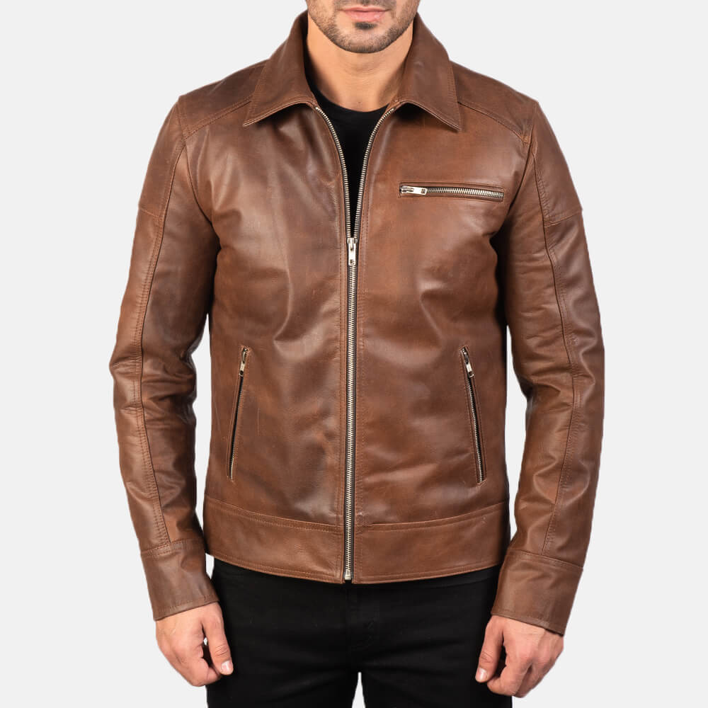 Mens Brown Shirt Collar Vintage Leather Jacket - Idrees Leather