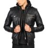 Mens Black hooded leather jacket Idrees Leather Mens Black hooded leather jacket Idrees Leather