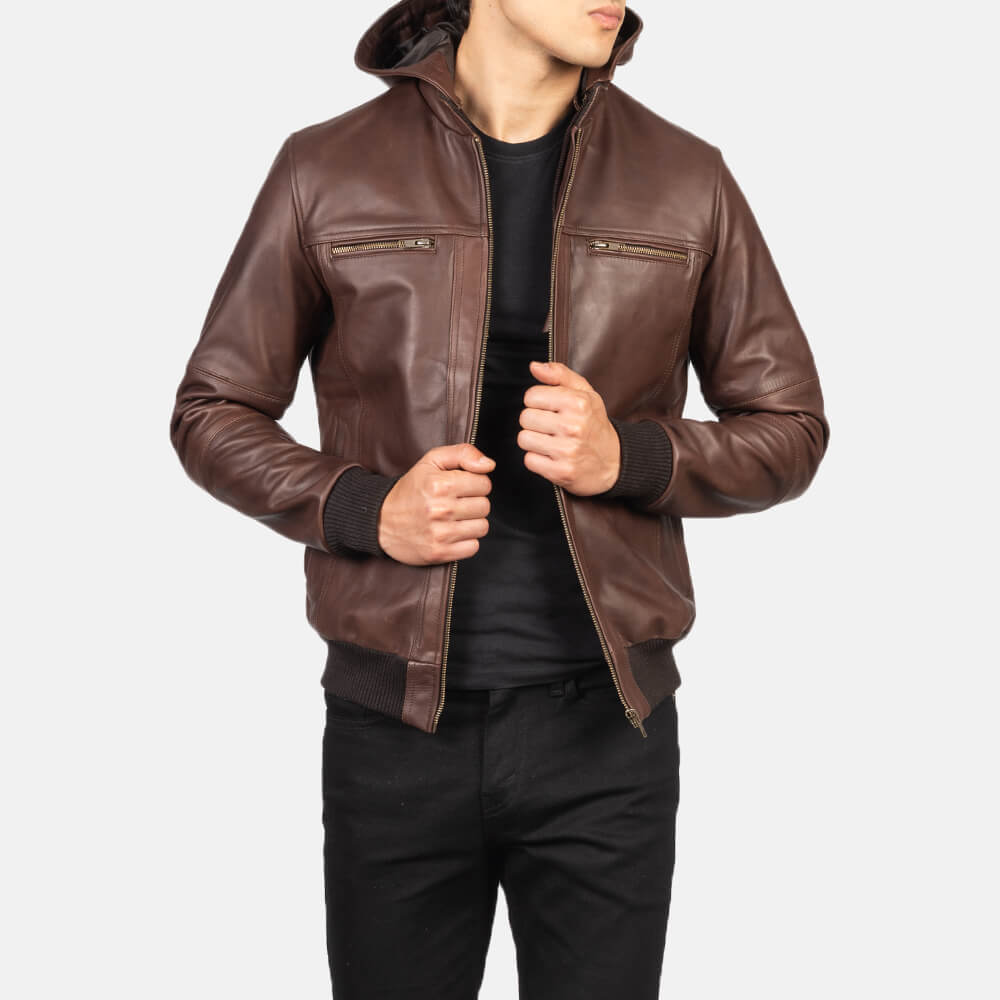 Mens Hooded Leather Bomber Jacket - Idrees Leather