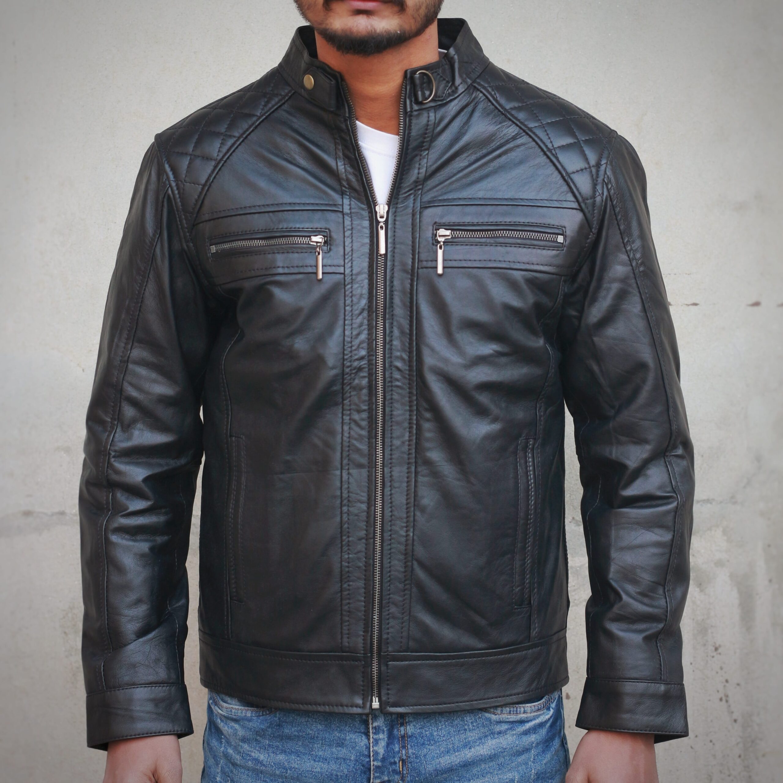 Original Leather black varsity jacket Idrees Leather scaled