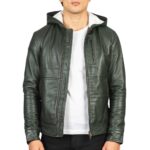 Green Hooded leather jacket Idrees Leather